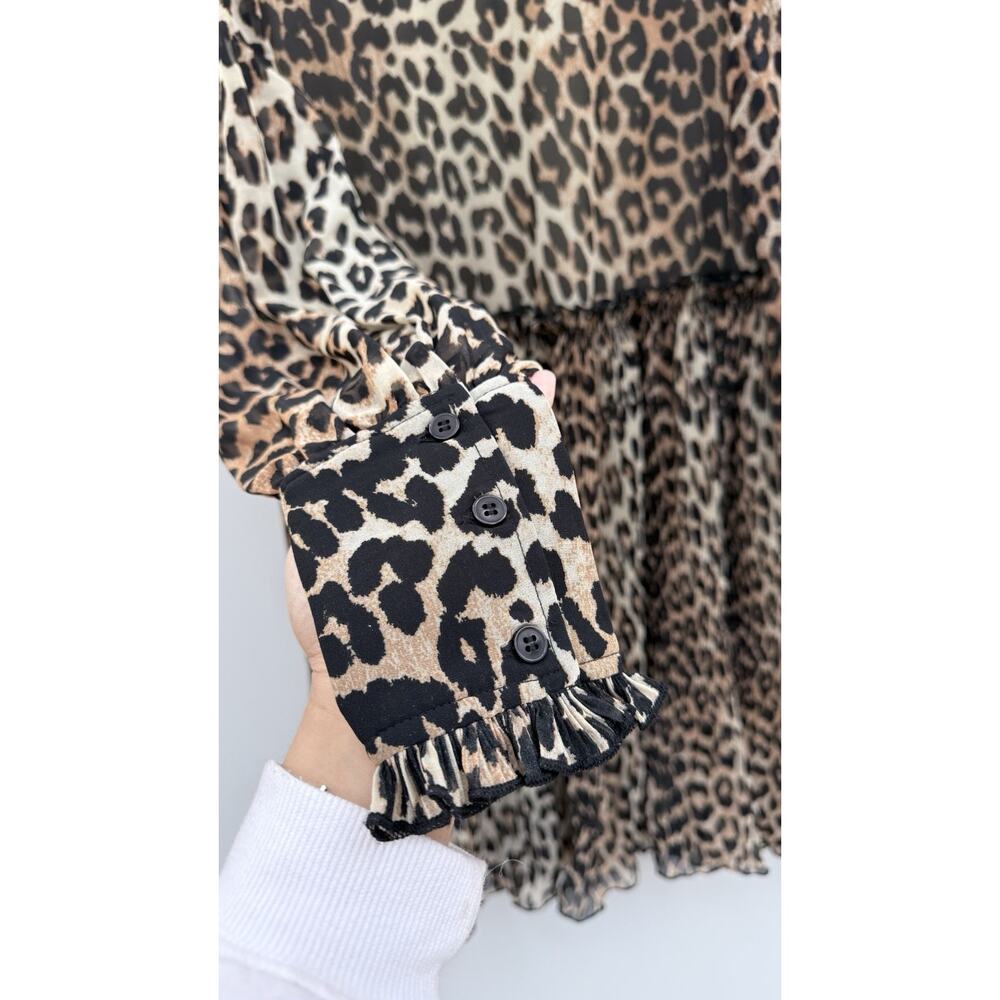 GANNI Leopard Print Babydoll Dress Size 38 Sz 6 Puff Sleeve Pleated Sheer Lined - Picture 9 of 10